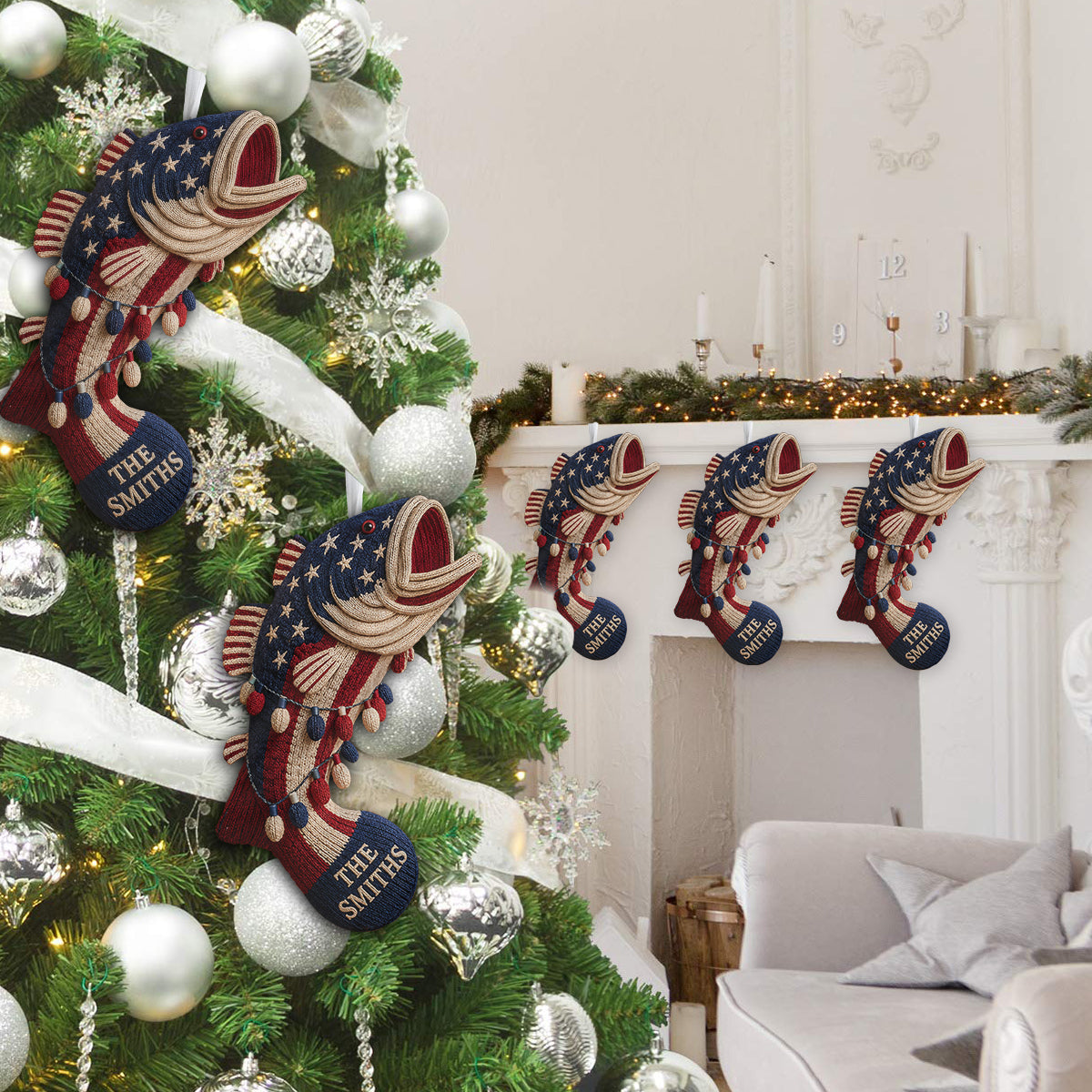 250 Years Gift For Fishing Lovers - Personalized Fishing Shaped Christmas Stocking