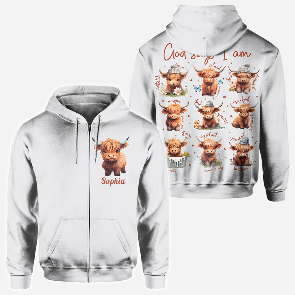 Gott sagt, ich bin es – Personalisiertes T-Shirt mit Hochlandrind-Motiv