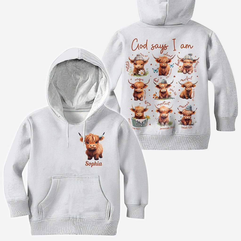 Gott sagt, ich bin es – Personalisiertes T-Shirt mit Hochlandrind-Motiv
