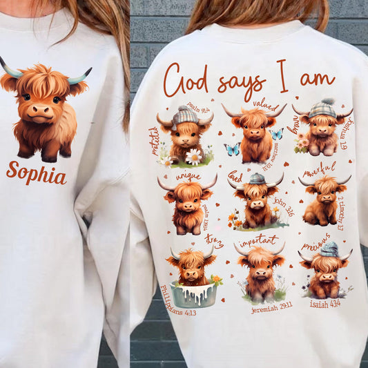 Gott sagt, ich bin es – Personalisiertes T-Shirt mit Hochlandrind-Motiv