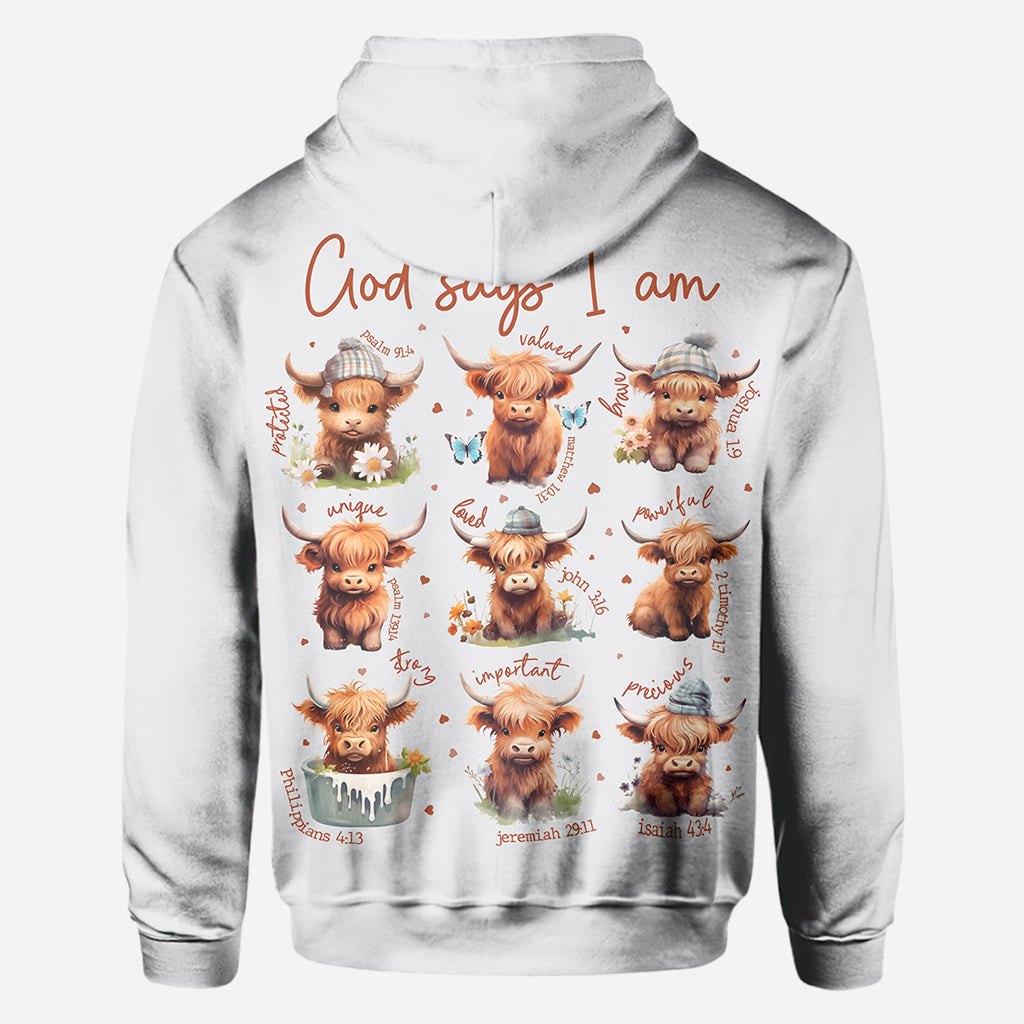 Gott sagt, ich bin es – Personalisiertes T-Shirt mit Hochlandrind-Motiv