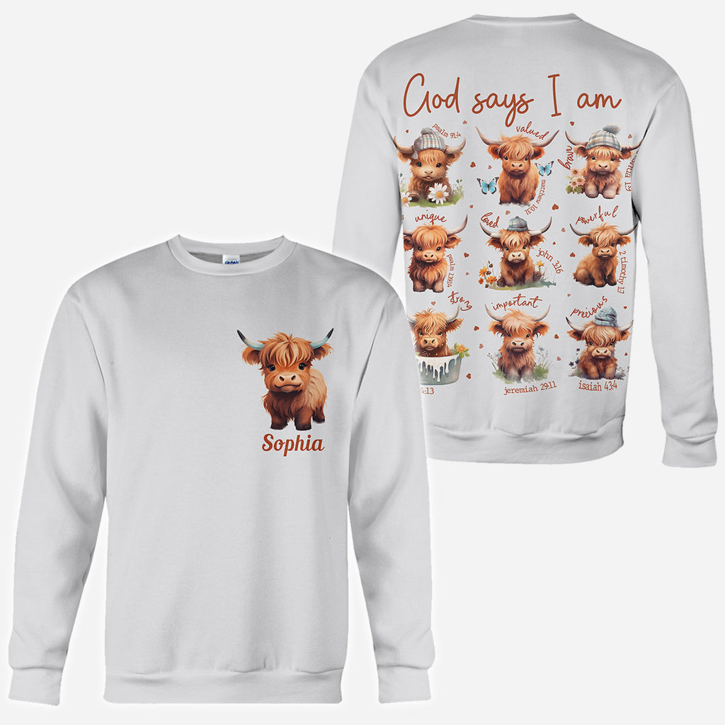 Gott sagt, ich bin es – Personalisiertes T-Shirt mit Hochlandrind-Motiv