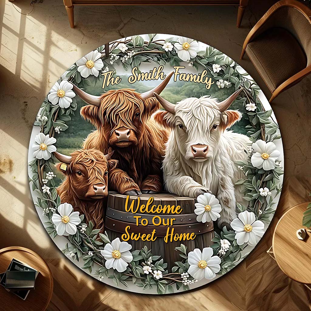 Bienvenue dans notre douce maison - Tapis rond personnalisé vache des Highlands