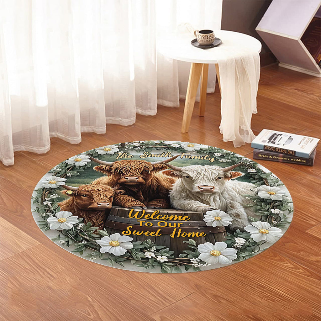 Bienvenue dans notre douce maison - Tapis rond personnalisé vache des Highlands