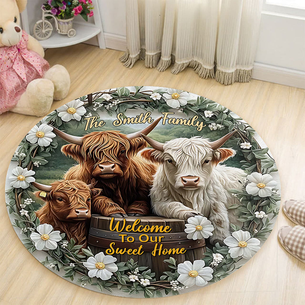 Bienvenue dans notre douce maison - Tapis rond personnalisé vache des Highlands