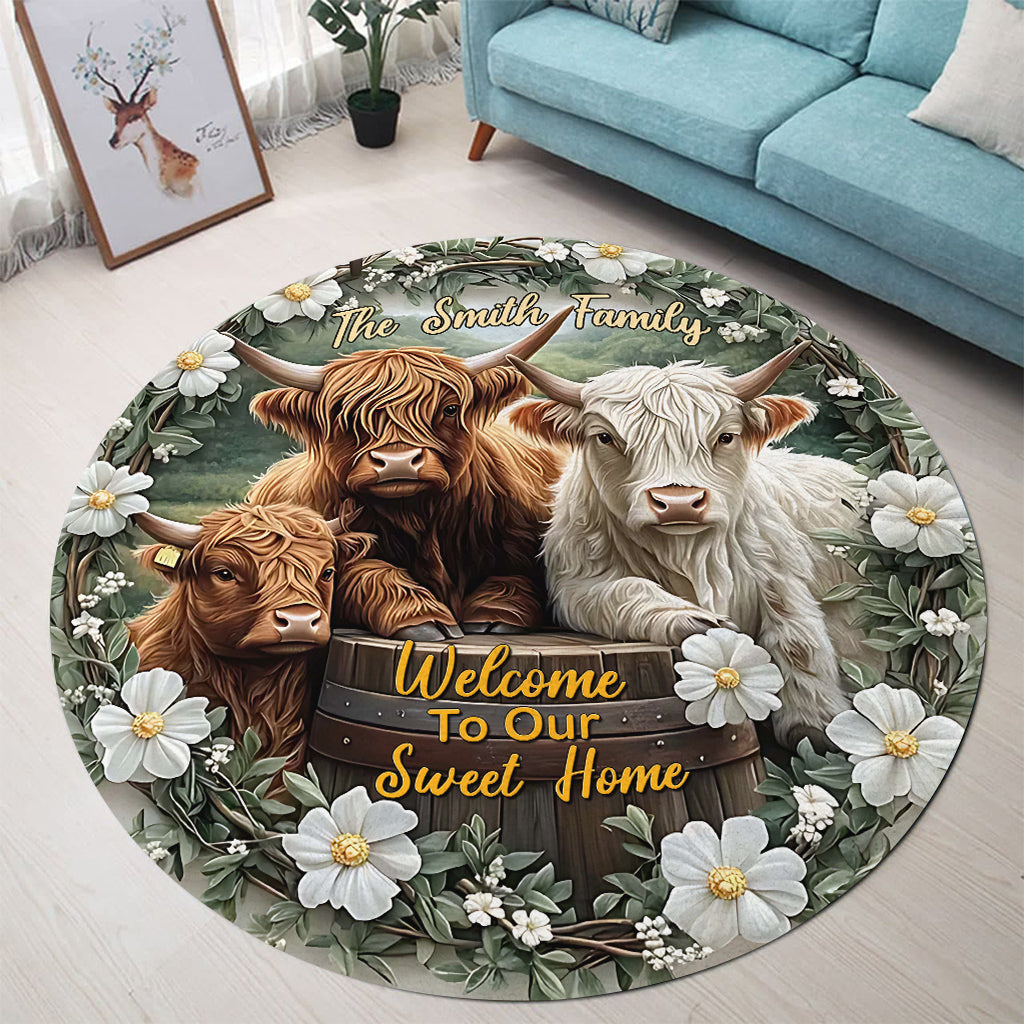 Bienvenue dans notre douce maison - Tapis rond personnalisé vache des Highlands
