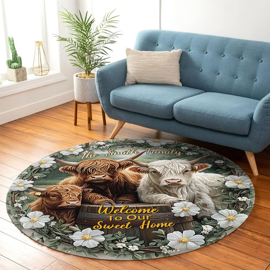Bienvenue dans notre douce maison - Tapis rond personnalisé vache des Highlands