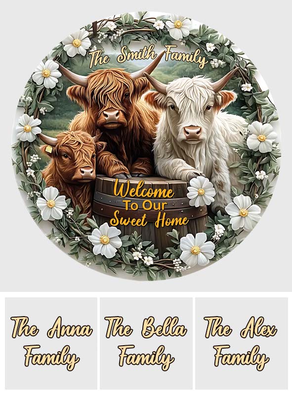 Bienvenue dans notre douce maison - Tapis rond personnalisé vache des Highlands
