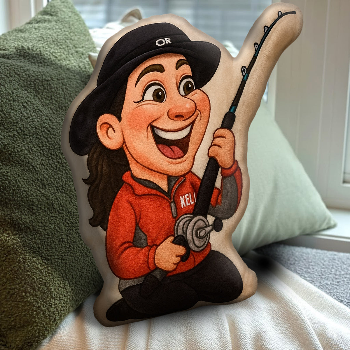 Cartoonhaftes Geschenk für Angler – personalisiertes Kissen in Form eines Anglers aus Kunstfell