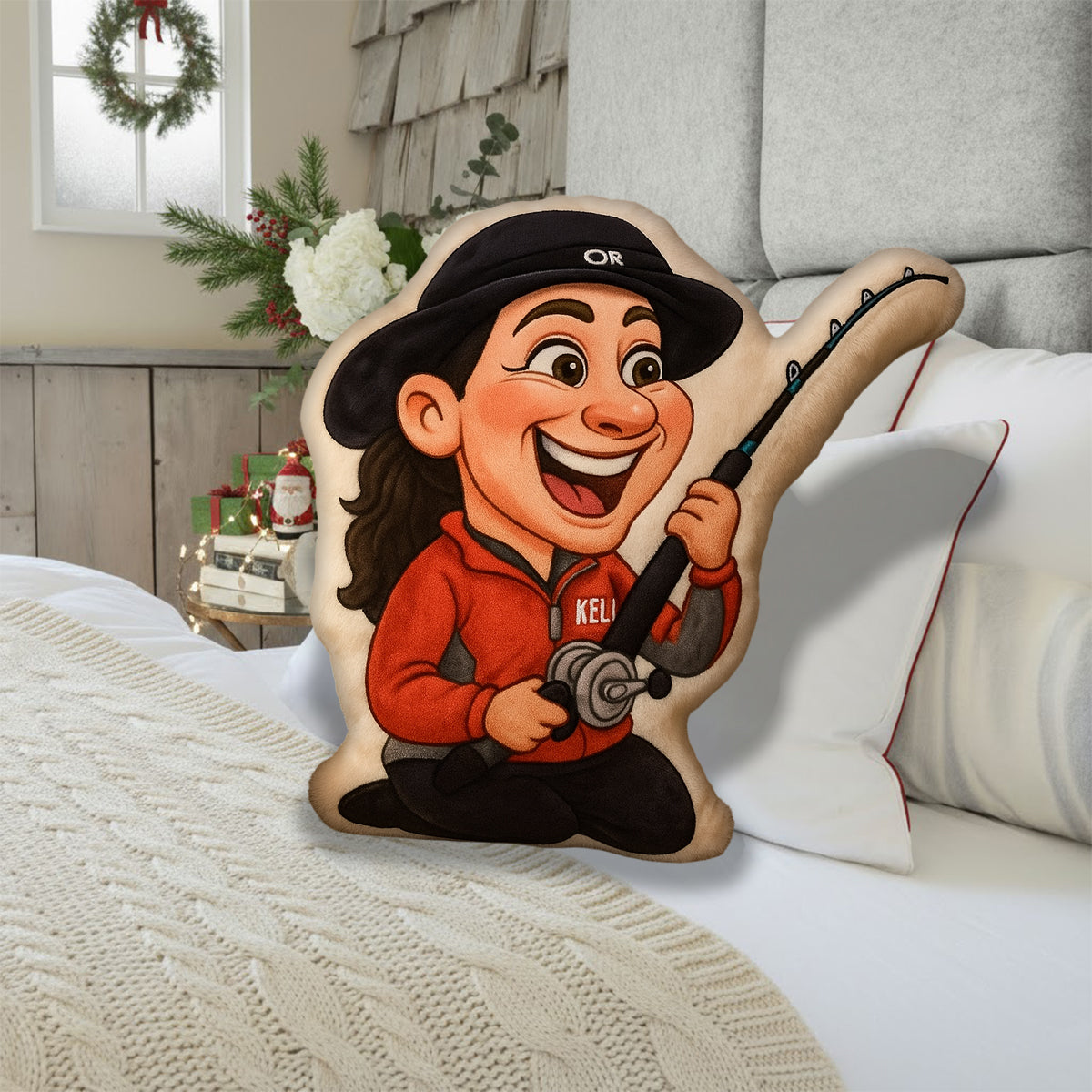 Cartoonhaftes Geschenk für Angler – personalisiertes Kissen in Form eines Anglers aus Kunstfell