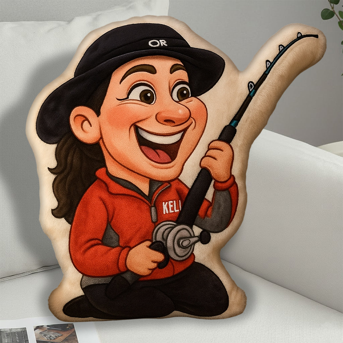 Cartoonhaftes Geschenk für Angler – personalisiertes Kissen in Form eines Anglers aus Kunstfell