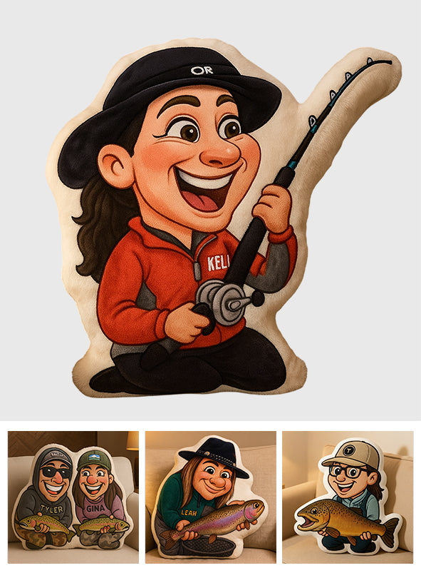 Cartoonhaftes Geschenk für Angler – personalisiertes Kissen in Form eines Anglers aus Kunstfell
