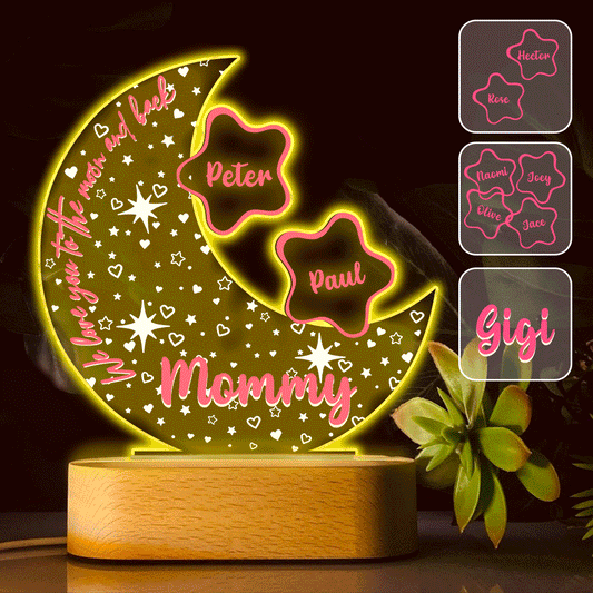 On t'aime jusqu'à la lune et retour - Plaque lumineuse personnalisée en forme de grand-mère