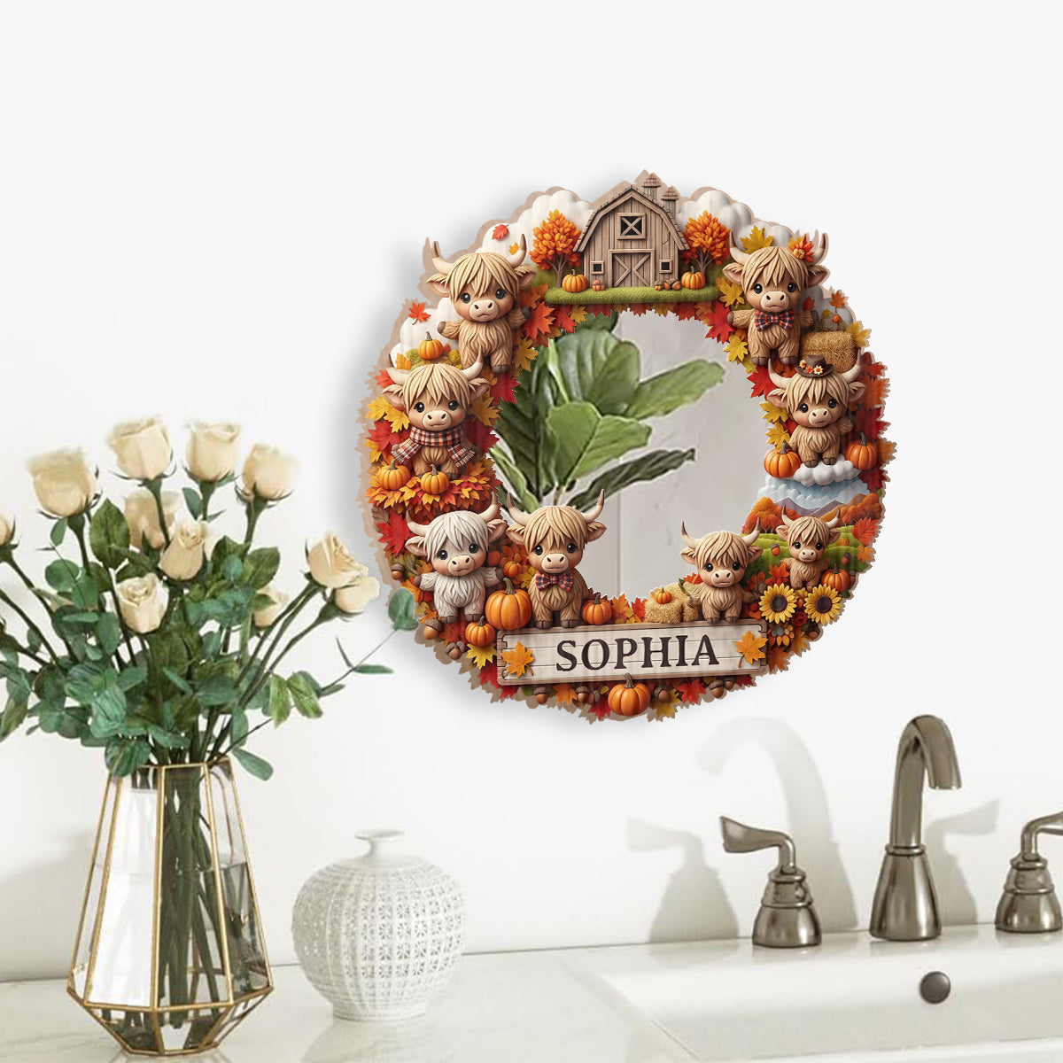 Vaches des Highlands d'automne - Miroir mural personnalisé avec vache des Highlands