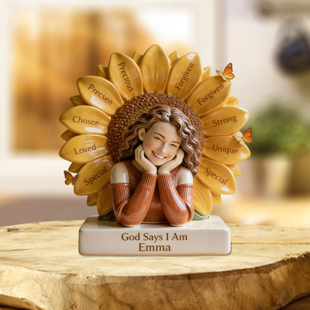 Individuell gestaltbare christliche Acrylplakette mit der Aufschrift „Gott sagt, ich bin“ nach Foto