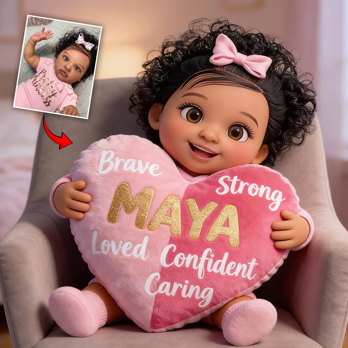Courageux, Fort, Aimé - Cadeau d'affirmations - Coussin personnalisé en fausse fourrure pour enfant