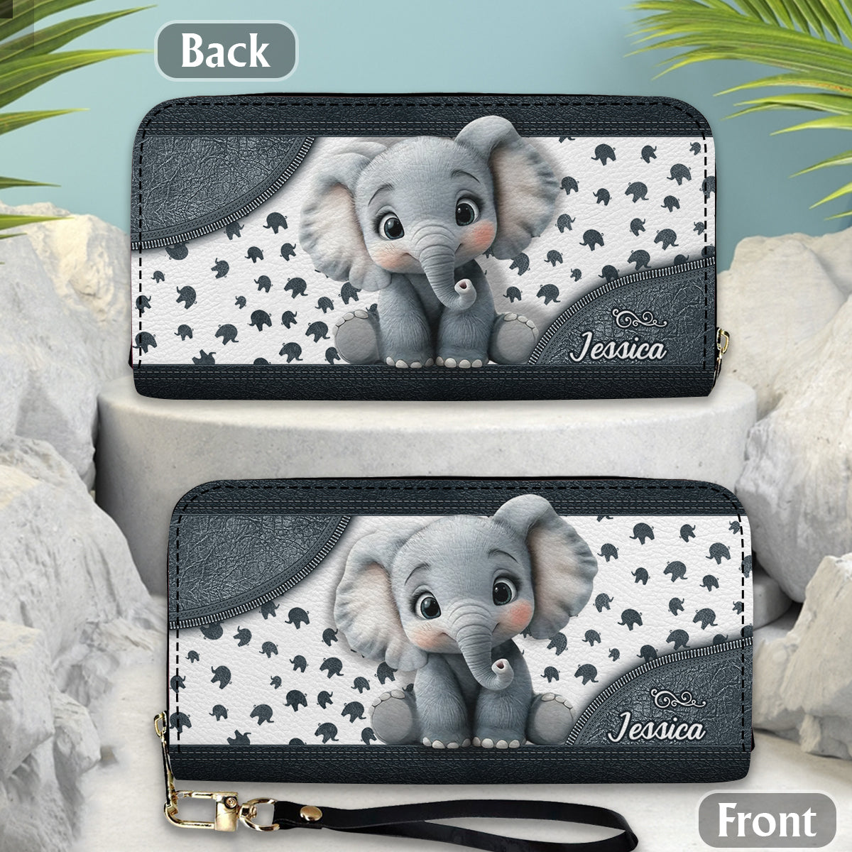 Bébé éléphant mignon - Portefeuille long en cuir personnalisé avec éléphant