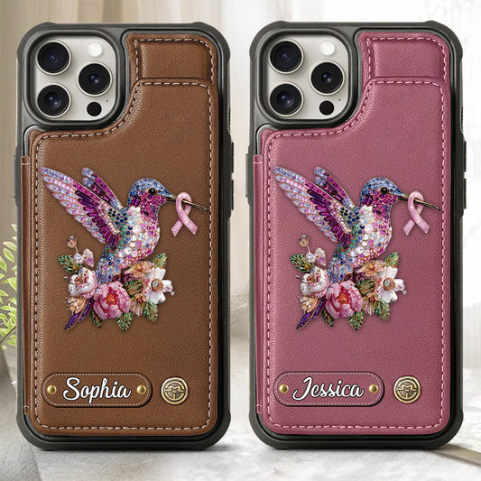 Kolibri zur Sensibilisierung für Brustkrebs – Personalisierte Handyhülle mit Brieftaschenmotiv zur Sensibilisierung für Brustkrebs