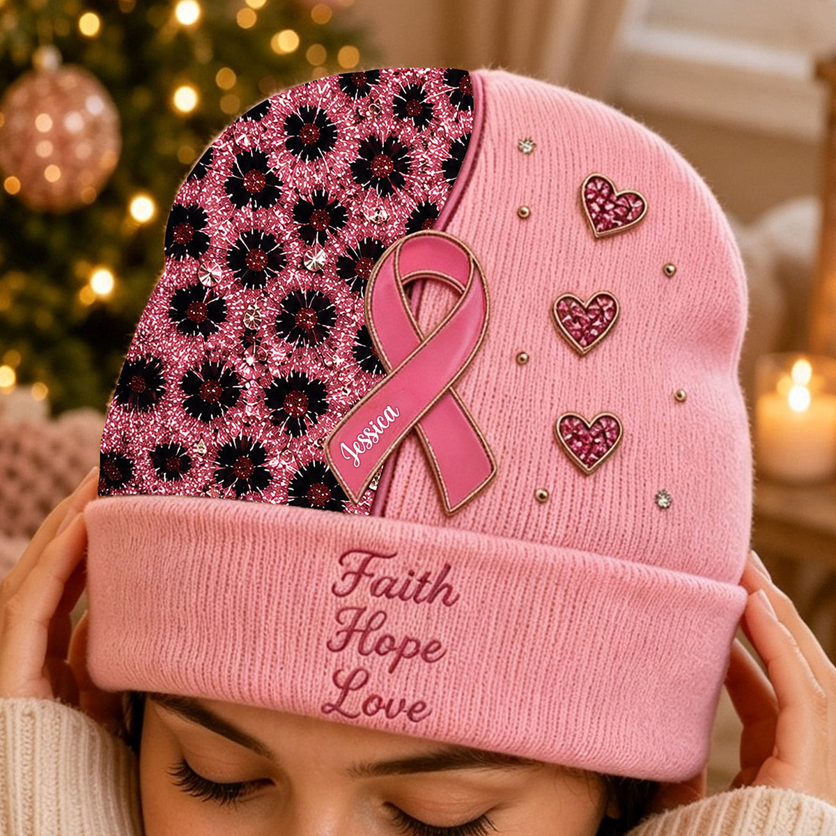 Foi Espoir Amour - Bonnet Personnalisé de Sensibilisation au Cancer du Sein