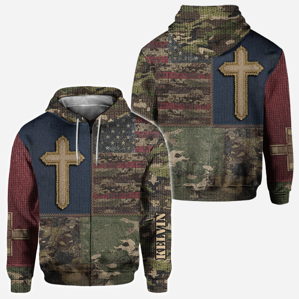 Sweat à capuche imprimé intégral drapeau américain et croix - T-shirt chrétien personnalisé