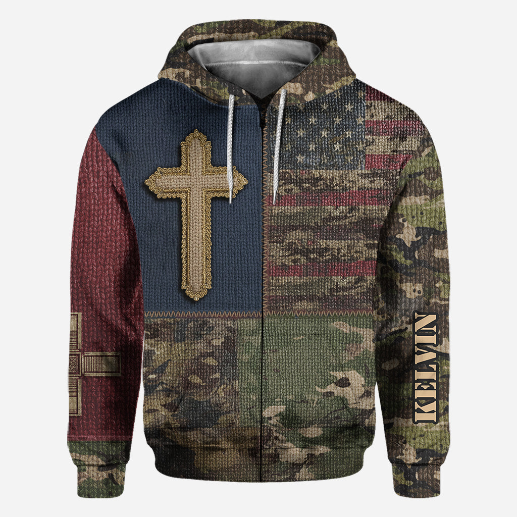 Sweat à capuche imprimé intégral drapeau américain et croix - T-shirt chrétien personnalisé