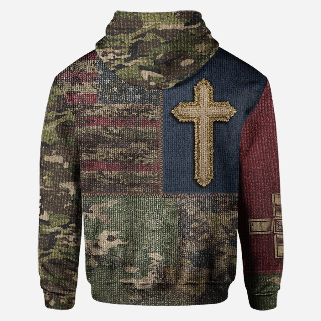 Sweat à capuche imprimé intégral drapeau américain et croix - T-shirt chrétien personnalisé