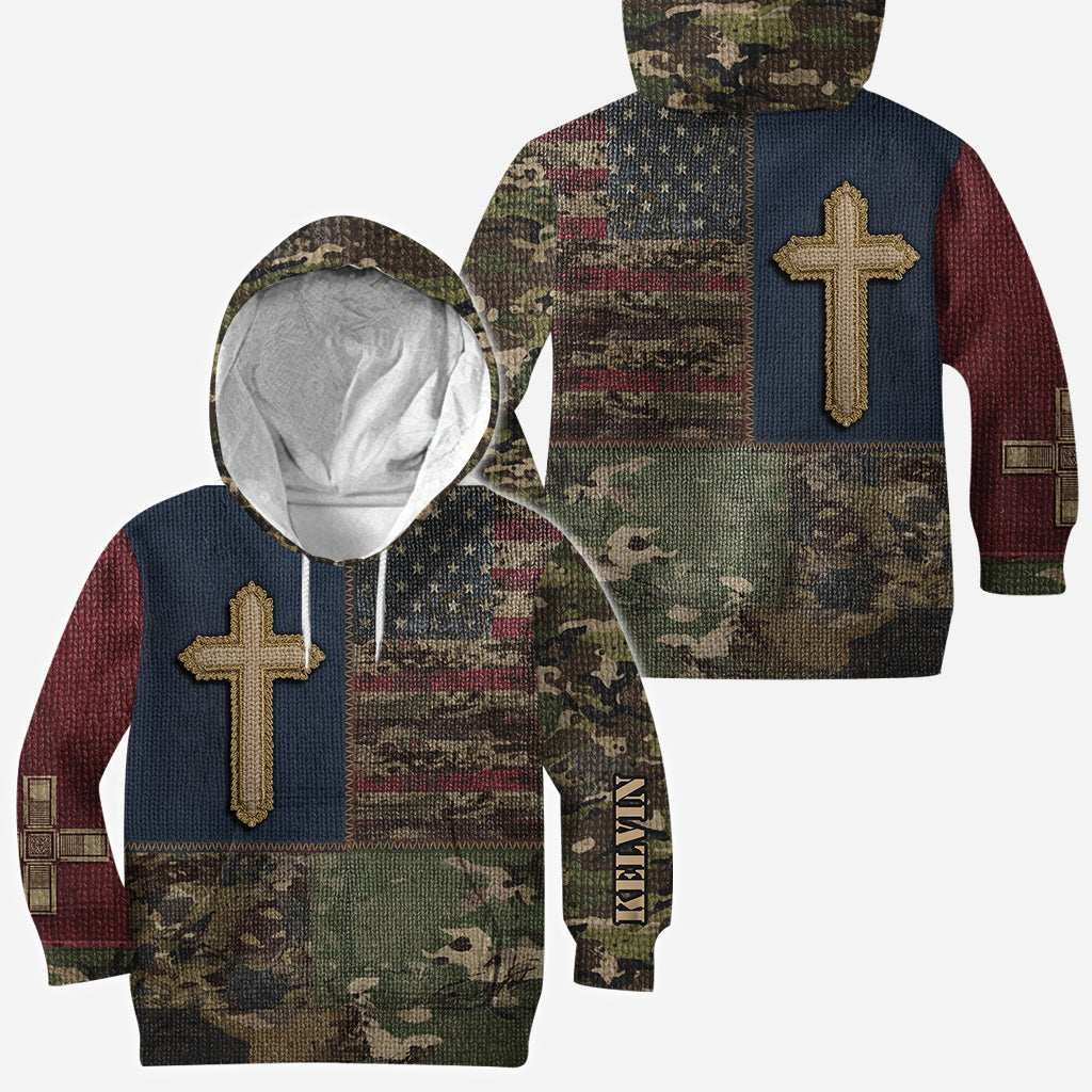 Sweat à capuche imprimé intégral drapeau américain et croix - T-shirt chrétien personnalisé