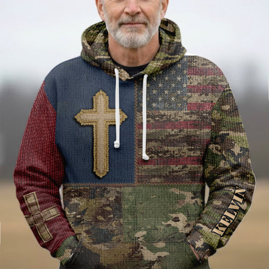 Sweat à capuche imprimé intégral drapeau américain et croix - T-shirt chrétien personnalisé