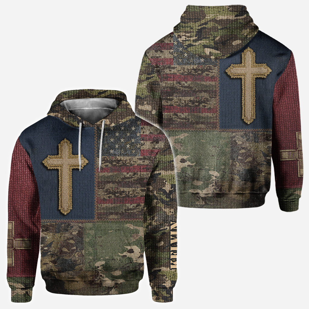 Sweat à capuche imprimé intégral drapeau américain et croix - T-shirt chrétien personnalisé