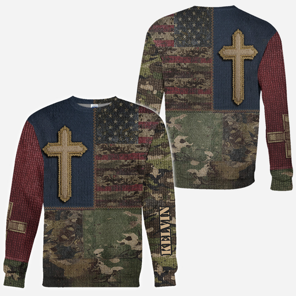 Sweat à capuche imprimé intégral drapeau américain et croix - T-shirt chrétien personnalisé