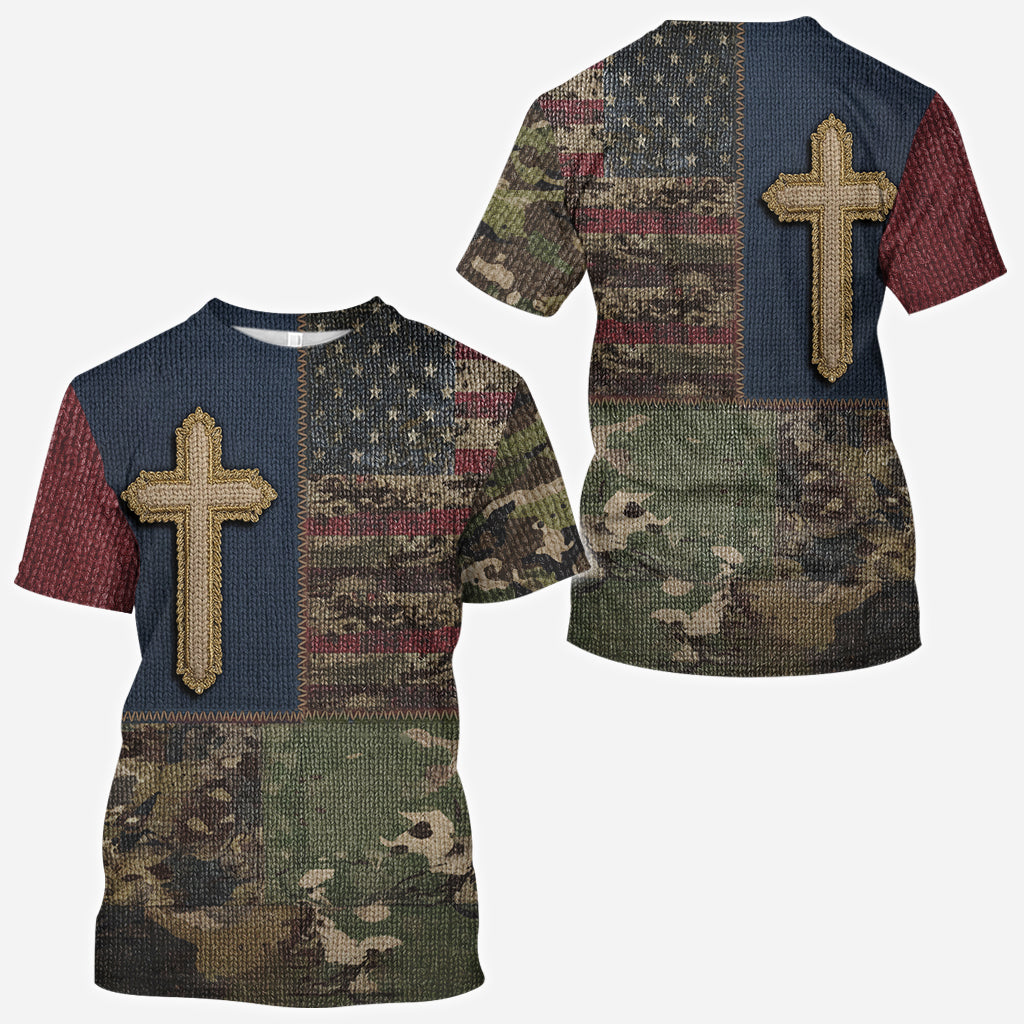 Sweat à capuche imprimé intégral drapeau américain et croix - T-shirt chrétien personnalisé