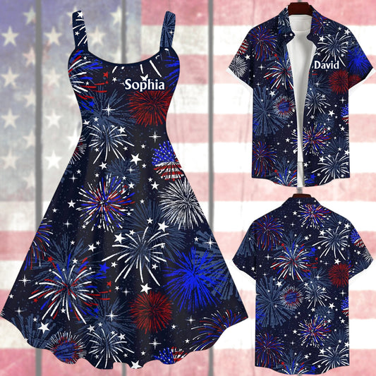 Patriotic American Flag Fireworks Print Matching Outfit For Couples - Personalized Couple Hawaiian Shirt & Sleeveless Dress