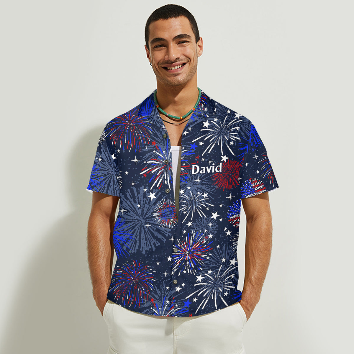 Patriotic American Flag Fireworks Print Matching Outfit For Couples - Personalized Couple Hawaiian Shirt & Sleeveless Dress