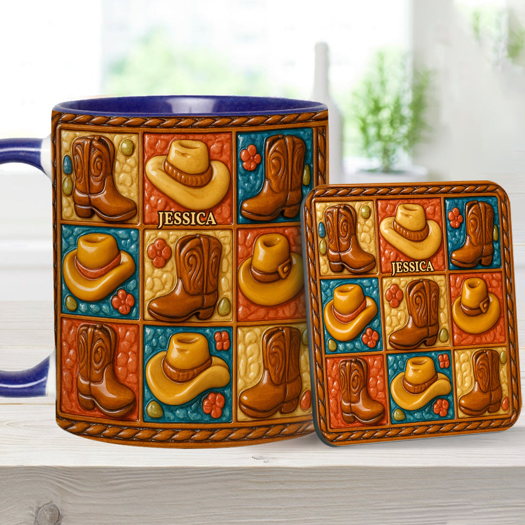 Cowgirl-Stiefel-Print, Western-Cowgirl – Personalisierte Tasse und Untersetzer mit Cowgirl-Akzent