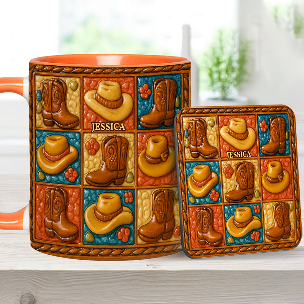 Cowgirl-Stiefel-Print, Western-Cowgirl – Personalisierte Tasse und Untersetzer mit Cowgirl-Akzent