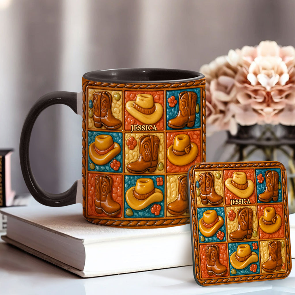 Cowgirl-Stiefel-Print, Western-Cowgirl – Personalisierte Tasse und Untersetzer mit Cowgirl-Akzent