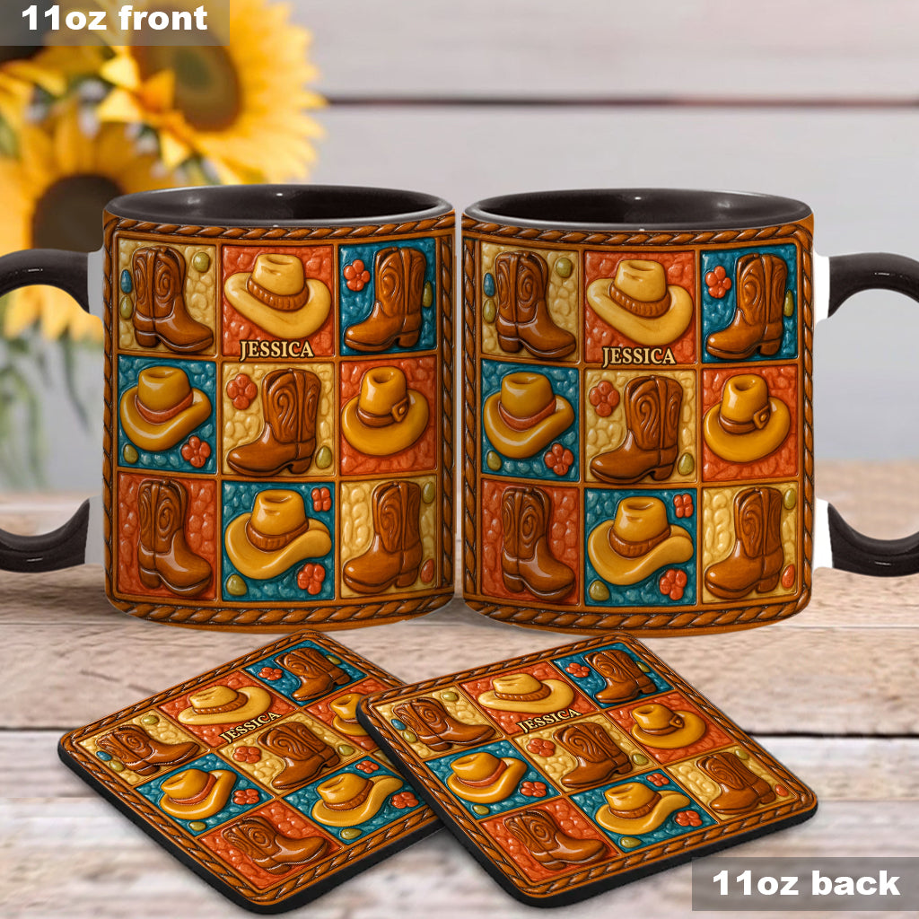 Cowgirl-Stiefel-Print, Western-Cowgirl – Personalisierte Tasse und Untersetzer mit Cowgirl-Akzent