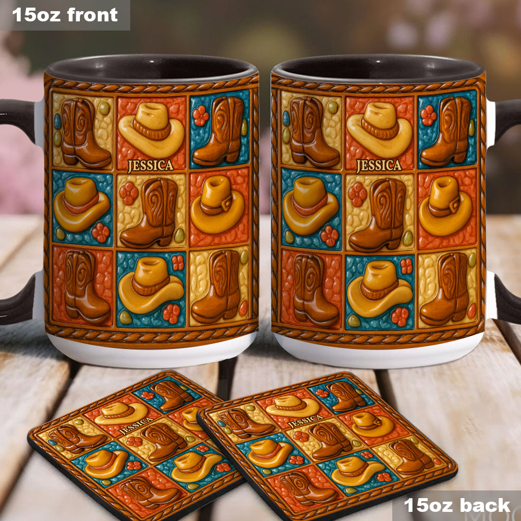 Cowgirl-Stiefel-Print, Western-Cowgirl – Personalisierte Tasse und Untersetzer mit Cowgirl-Akzent