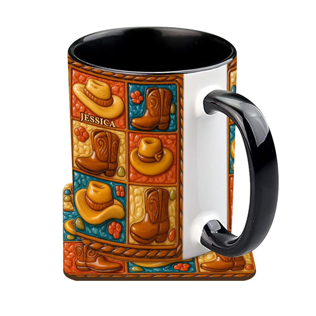 Cowgirl-Stiefel-Print, Western-Cowgirl – Personalisierte Tasse und Untersetzer mit Cowgirl-Akzent