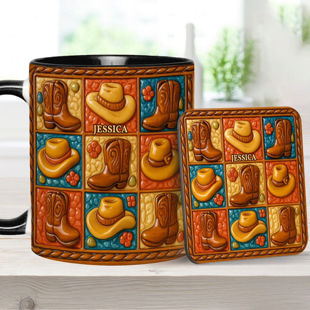 Cowgirl-Stiefel-Print, Western-Cowgirl – Personalisierte Tasse und Untersetzer mit Cowgirl-Akzent