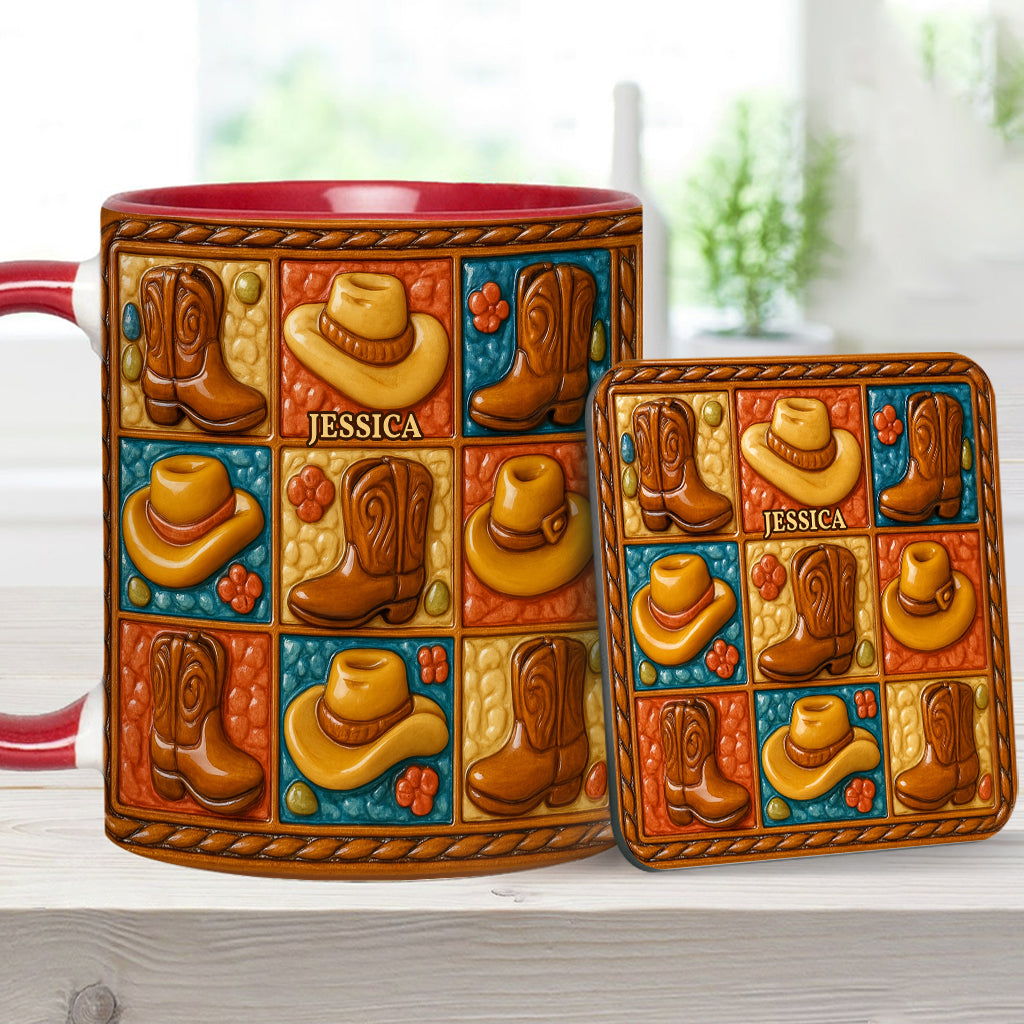 Cowgirl-Stiefel-Print, Western-Cowgirl – Personalisierte Tasse und Untersetzer mit Cowgirl-Akzent