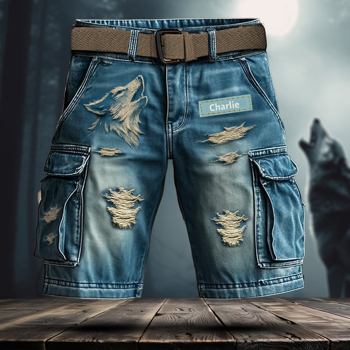 Short cargo personnalisé avec ceinture, motif loup hurlant effet vieilli.