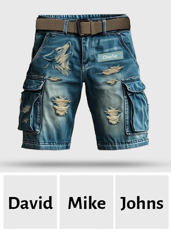 Short cargo personnalisé avec ceinture, motif loup hurlant effet vieilli.