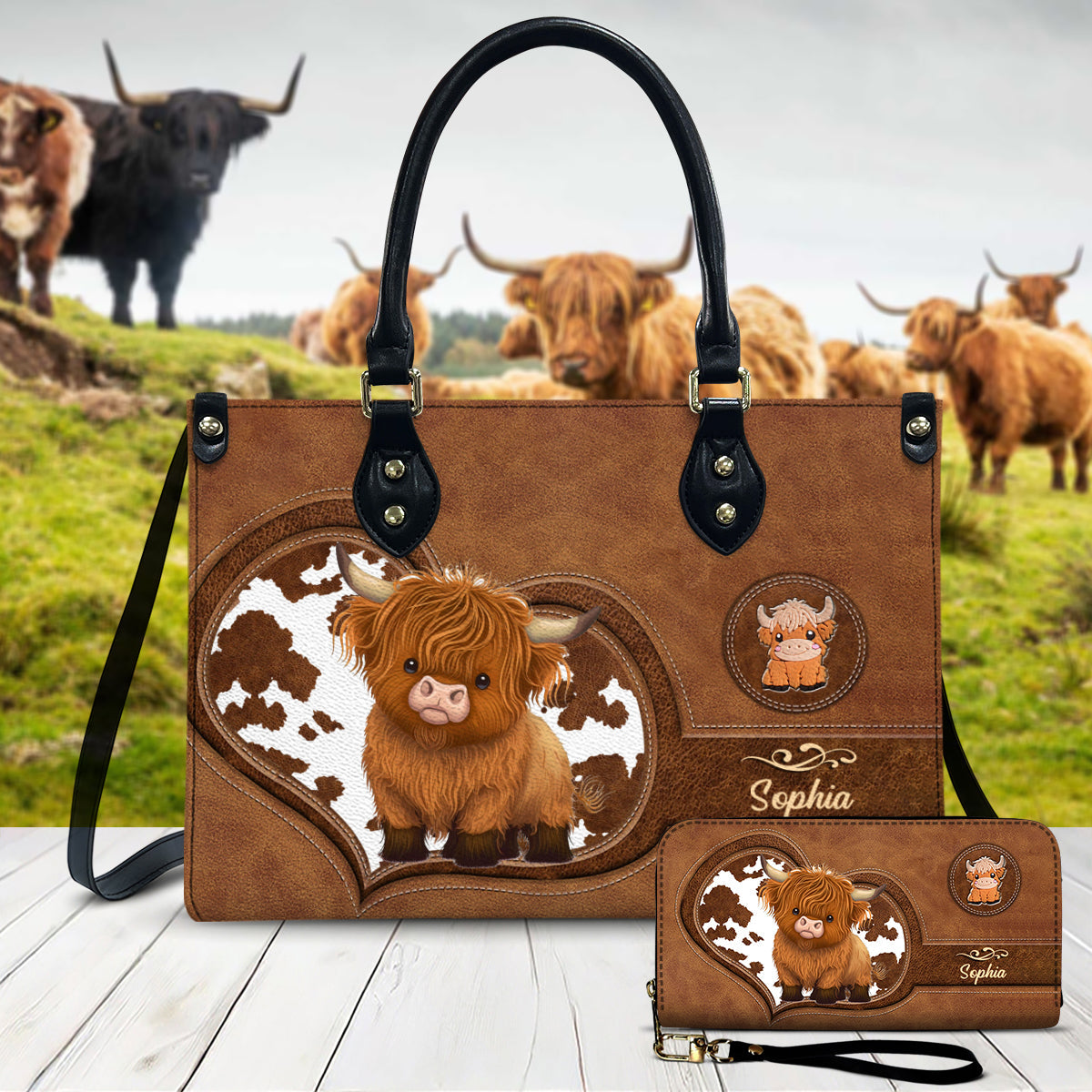 Liebe zum Hochlandrind – Personalisierte Handtasche und lange Ledergeldbörse aus Hochlandrindleder