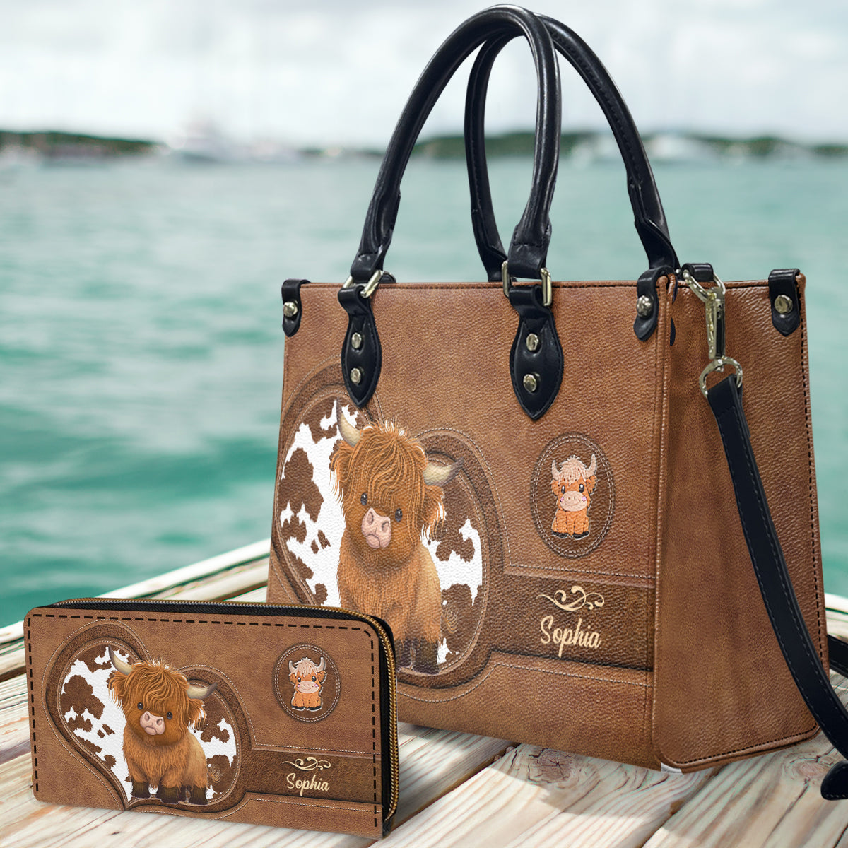 Portefeuille long en cuir de vache des Highlands personnalisé - Mignonne vache des Highlands