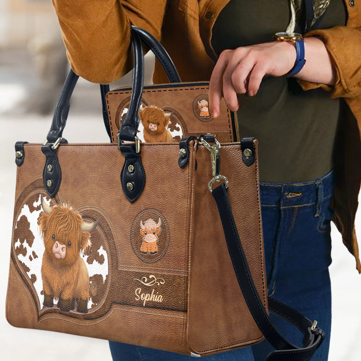 Portefeuille long en cuir de vache des Highlands personnalisé - Mignonne vache des Highlands