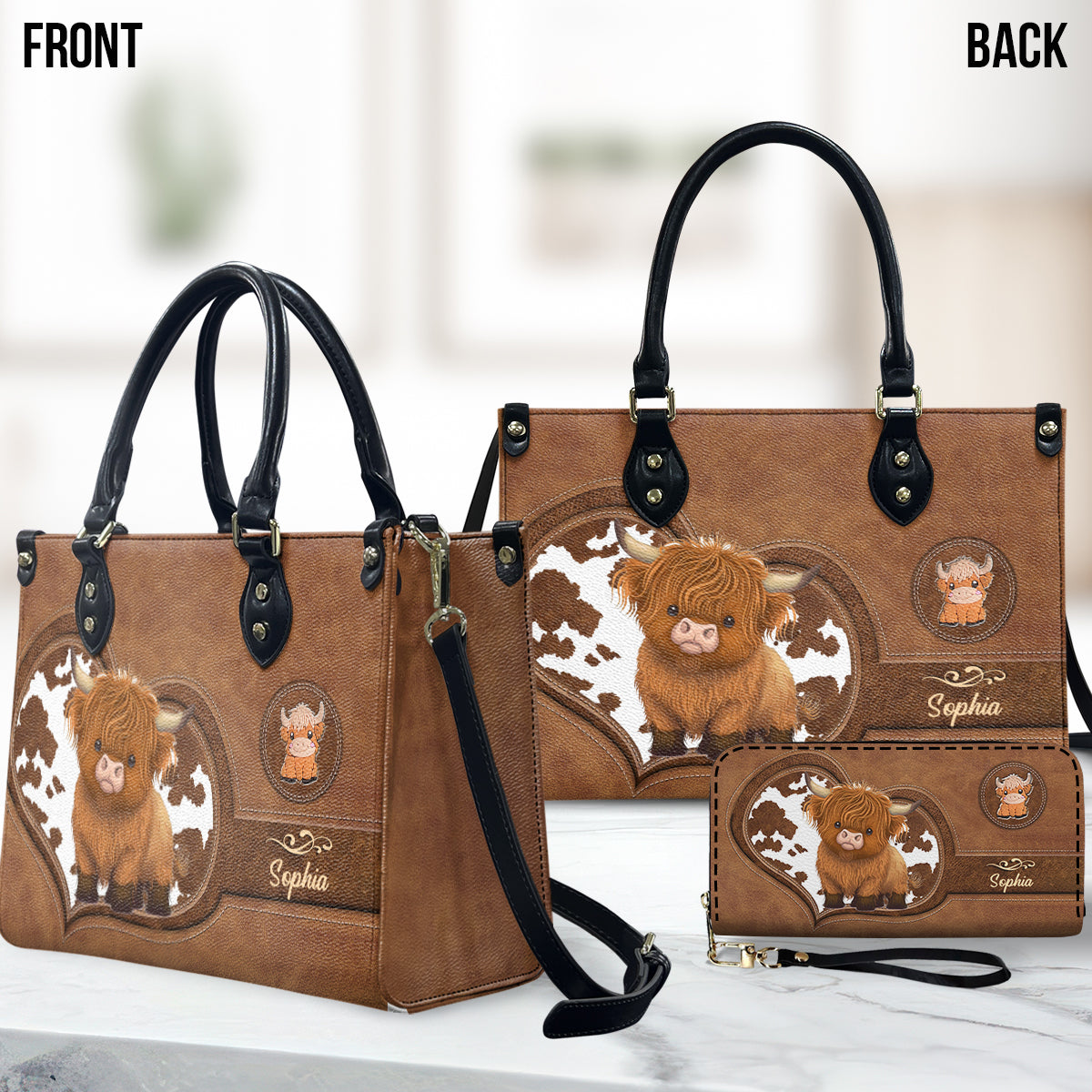 Portefeuille long en cuir de vache des Highlands personnalisé - Mignonne vache des Highlands