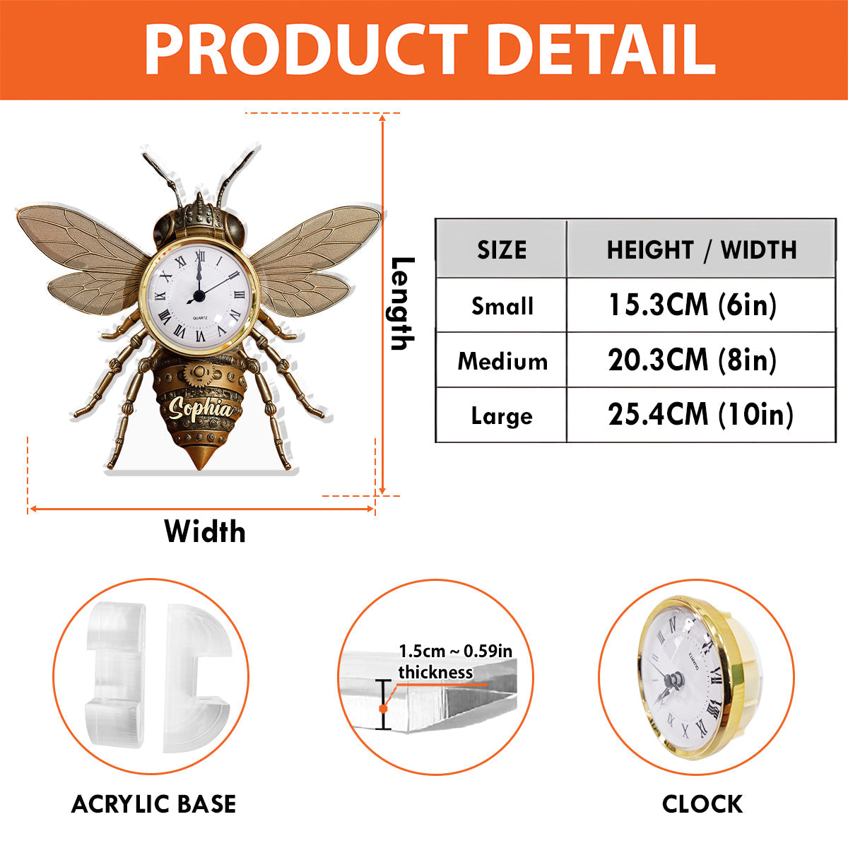 Bienenliebhaber – Personalisierte Acryl-Uhrenplakette mit Bienenmotiv