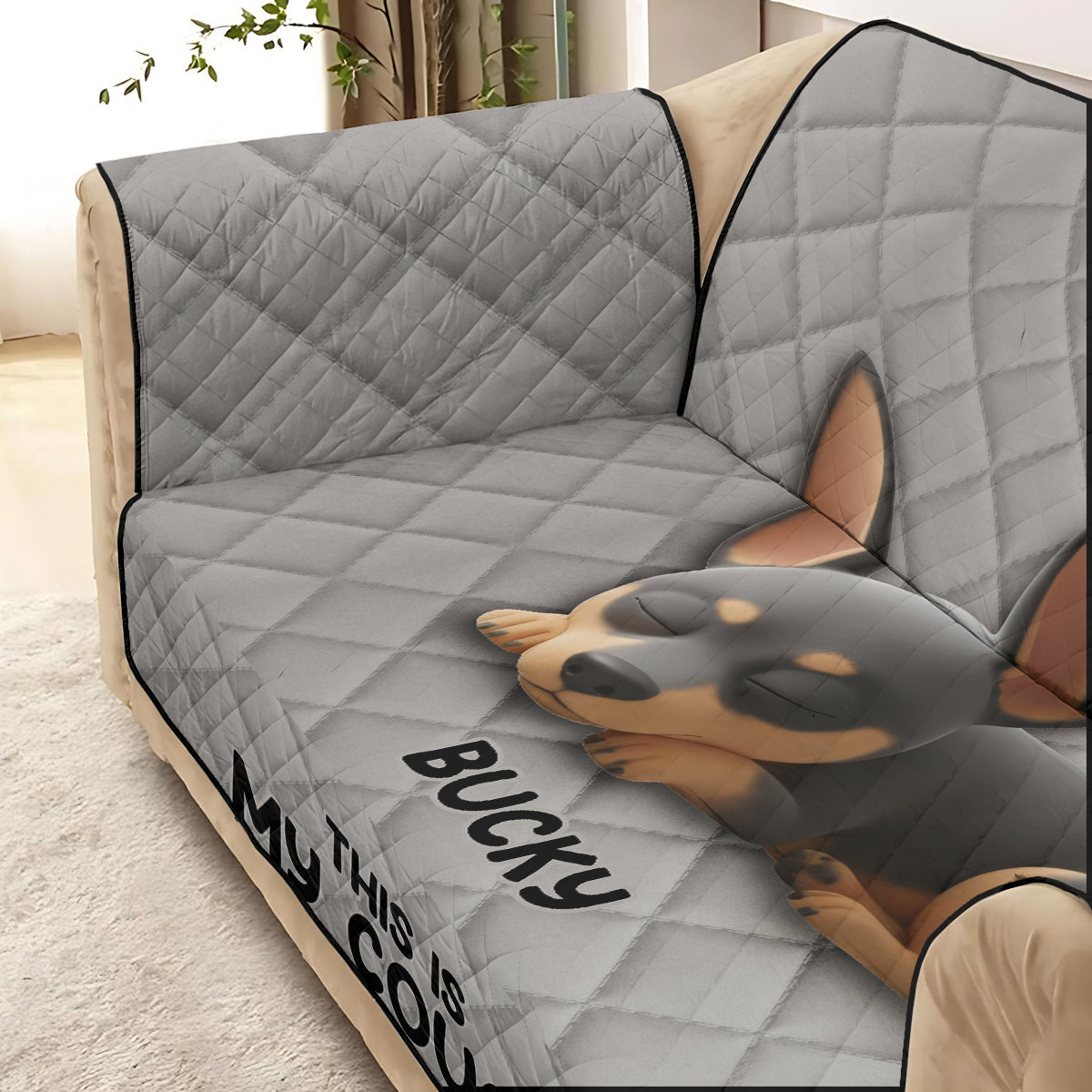 Das ist unsere Couch, setz dich dort drüben hin – personalisierter, gesteppter Sofabezug mit Hundemotiv
