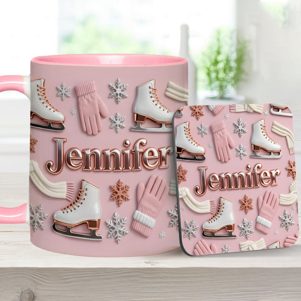 Eislaufen macht mich glücklich – Personalisierte Tasse und Untersetzer mit Eislaufmotiv